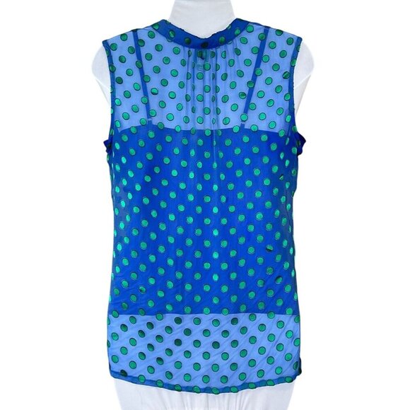 C Wonder Sleeveless Sheer Split Neck Green Polka Dot Pleat Blouse Camisole Small - Picture 3 of 9